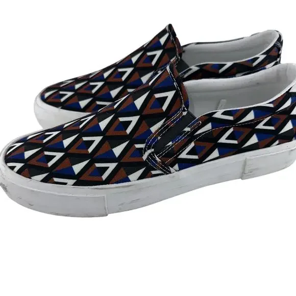 Express Canvas Brown Navy Black Cream Patterned Slip On Sneaker Shoes Size 9M - Picture 2 of 6
